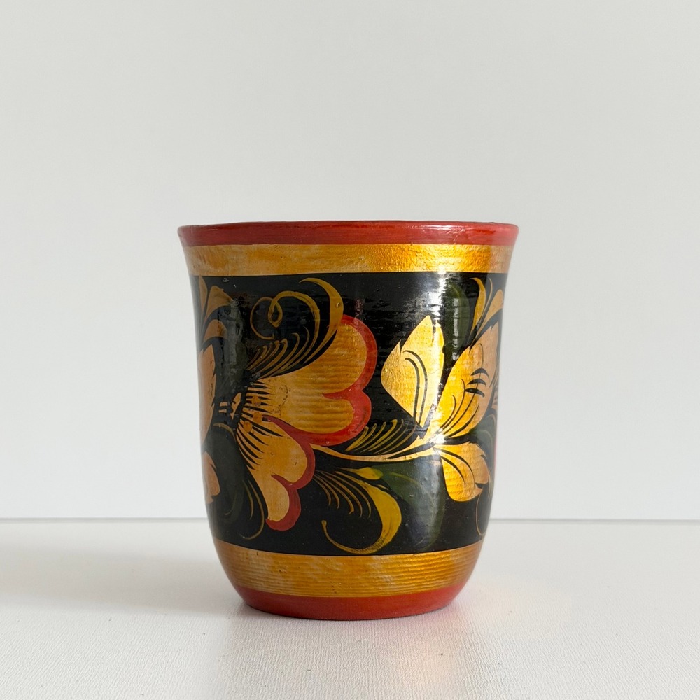 Vintage Soviet Russia Khokhloma Wooden Cup Gold Red Floral Hand Painted Folk Art